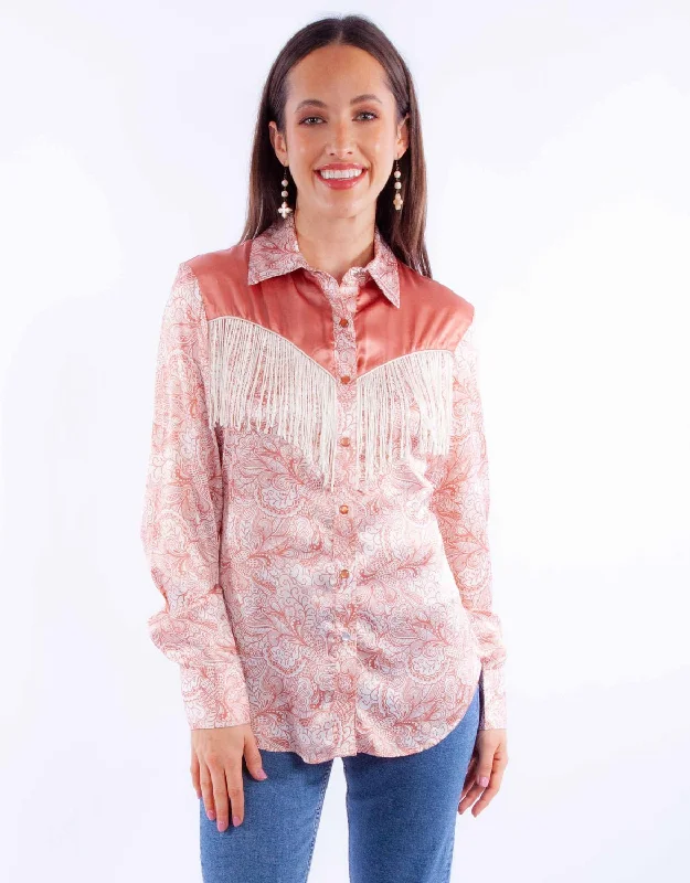 Scully Womens Vintage Rodeo Peach 100% Polyester L/S Blouse Silky Draped Blouse