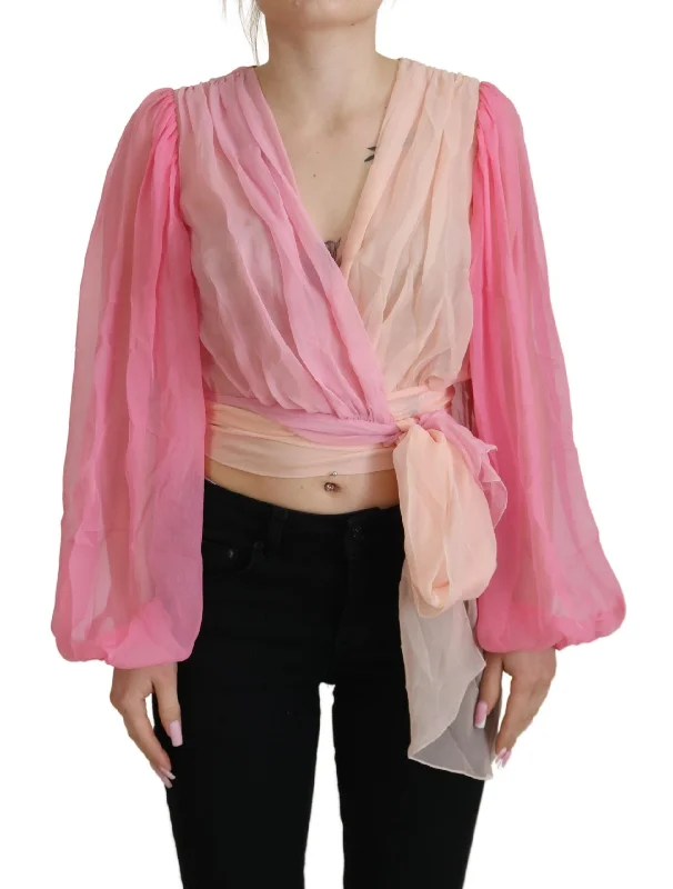 Silk V-Neckline Wrap Blouse in Pink Drape Neck Blouse