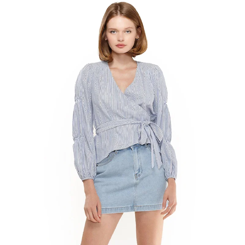 Smocked Sleeve Stripe Wrap Blouse in Blue Elegant Silk Blouse