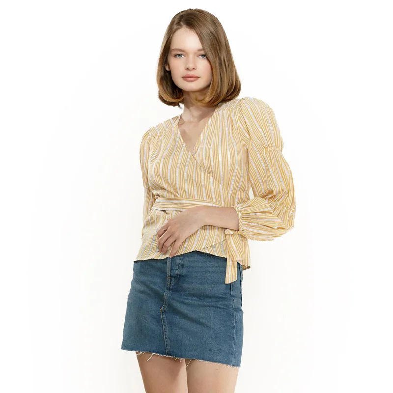 Smocked Sleeve Stripe Wrap Blouse in Yellow Floral Chiffon Blouse