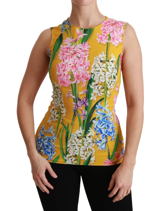 Sunshine Floral Crewneck Sleeveless Blouse Elegant Embroidery Blouse