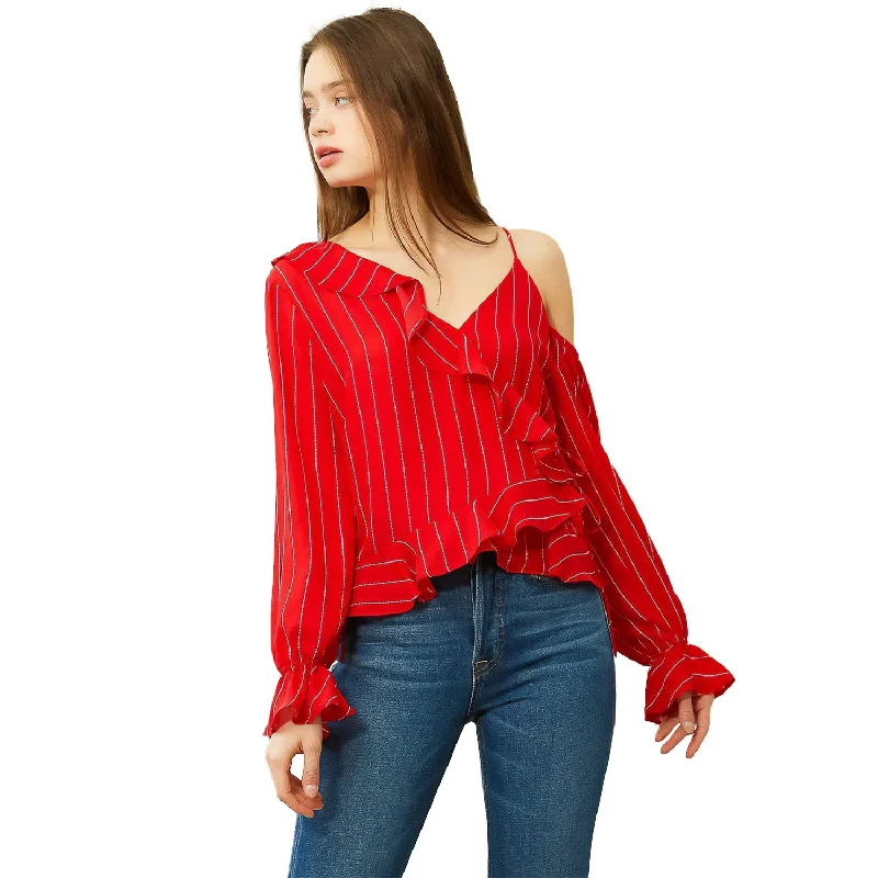 Women's Asymmetrical Shoulder Ruffle Blouse in Red Smart Business Blouse