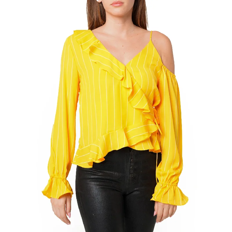 Women's Asymmetrical Shoulder Ruffle Blouse in Yellow Side Tie Blouse