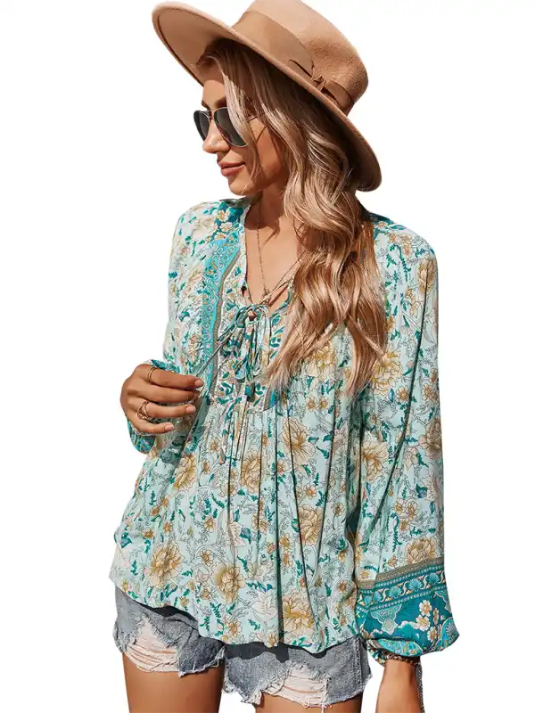 Women’s bohemian print resort short sleeve blouse Business Casual Blouse