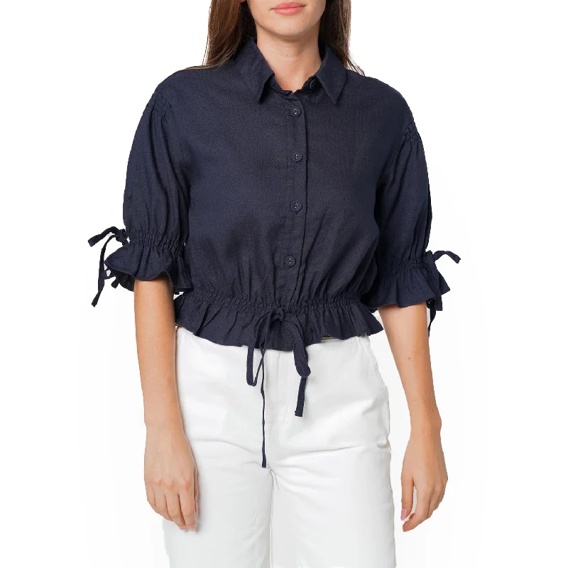 Women's Button Front Tie Hem Blouse in Navy Pleated Collar Blouse