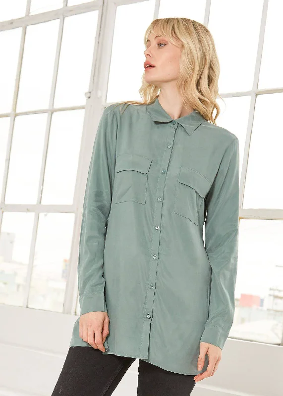 Women's Button Up Open Back Blouse In Sage Soft Knit Blouse