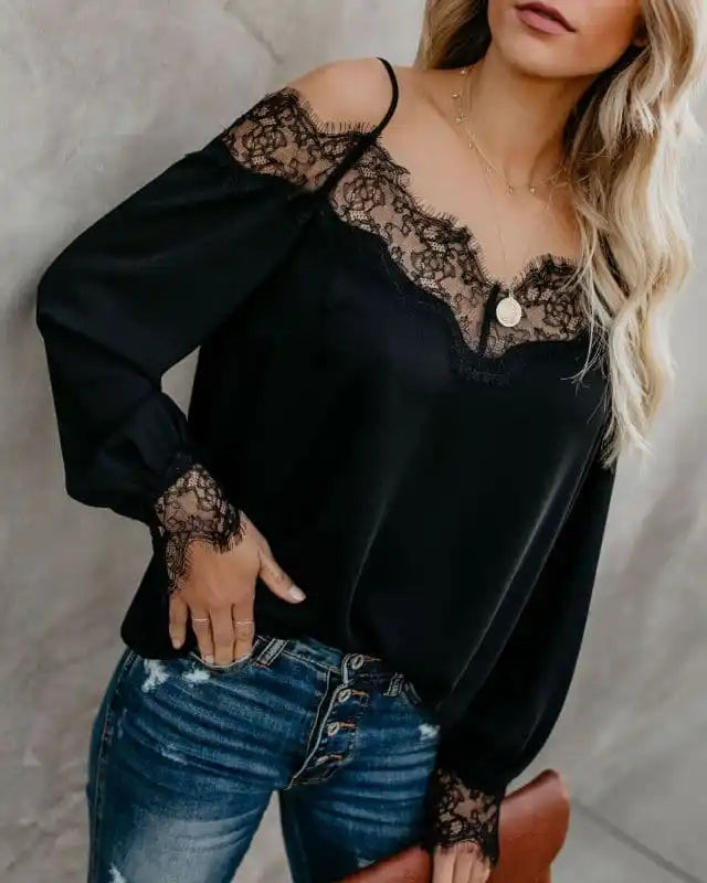 Women’s Cold-shoulder Blouse With Straps In Solid-colored Crochet Lace Drape Neck Blouse