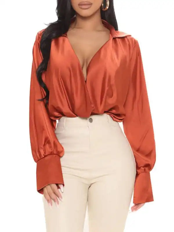 Women’s Solid Color Long Sleeve Satin Cowl Neck Blouse Everyday Stylish Blouse