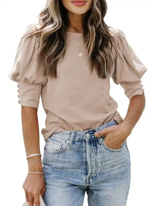 Women’s Solid Color Puff Sleeve Crew Neck Blouse Loose Oversized Blouse