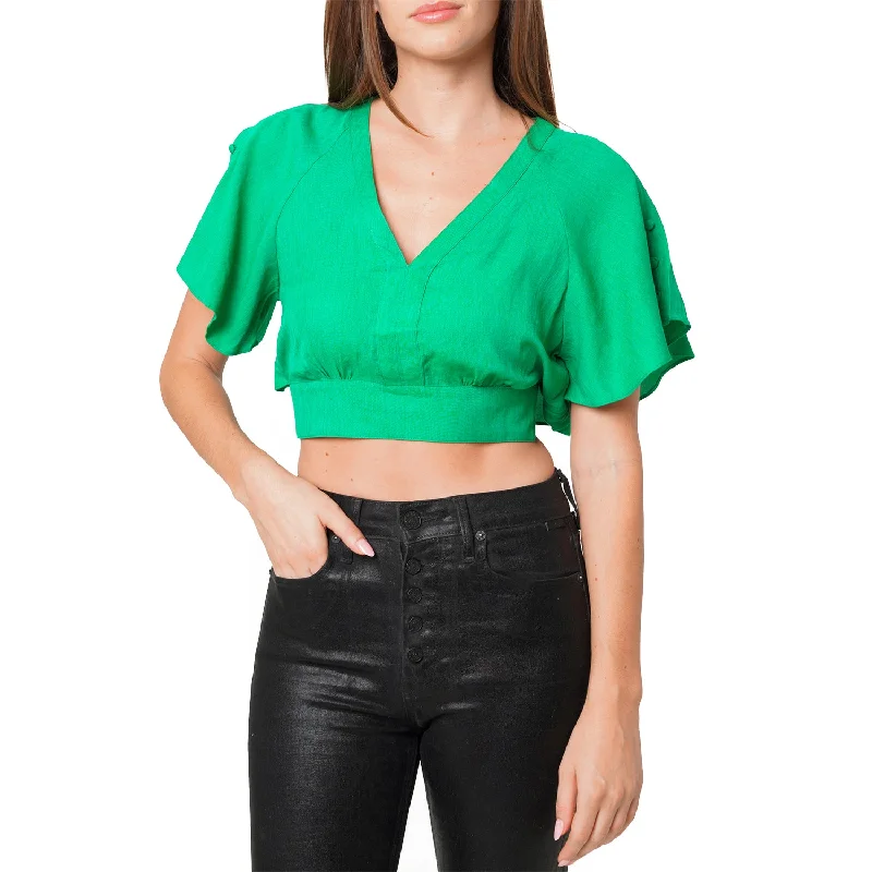 Women's Tie Waist Cape Sleeve Cropped Blouse in Kelly Green Drape Neck Blouse