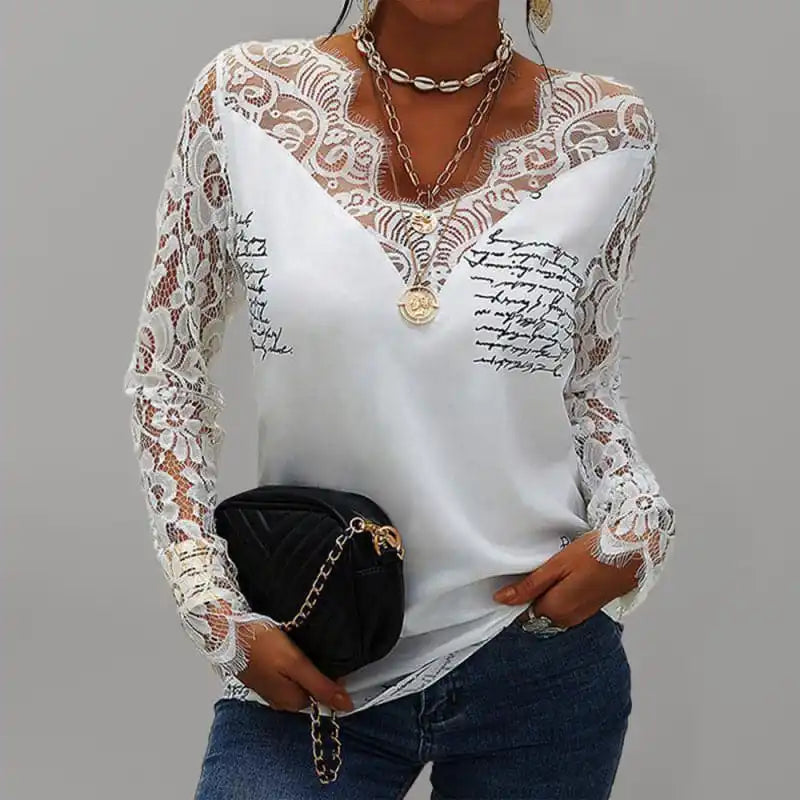 Women’s V Neck Lace Trim Long Sleeve Blouse Top Classic Minimalist Blouse