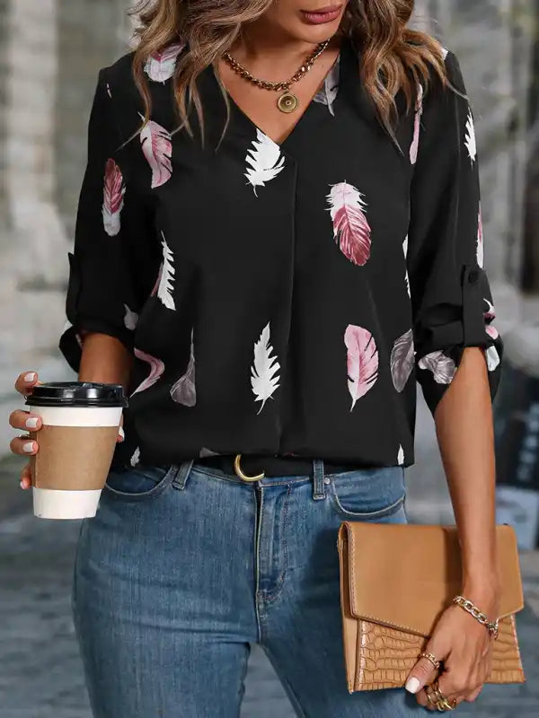 Women’s Woven V-Neck Feather Print Cropped Sleeve Loose Blouse Elegant Semi-Sheer Blouse