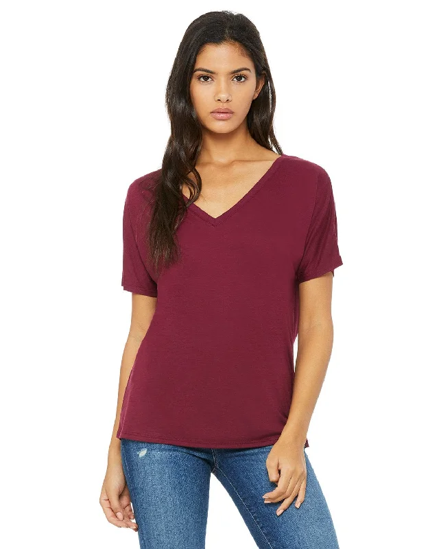 Bella+Canvas Ladies Flowy Simple V-Neck T-Shirt | Maroon Mesh Blend Leather Blend Suede Blend