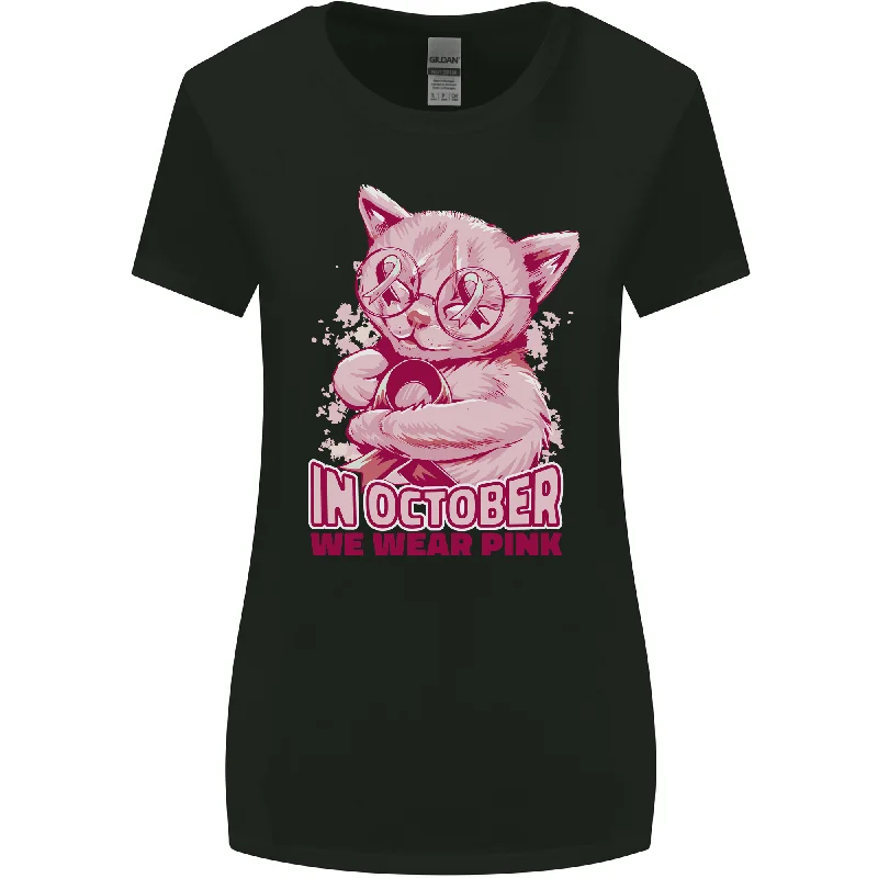 Breast Cancer Awareness October Cat Womens Wider Cut T-Shirt Handmade Hand-knitted Hand-woven