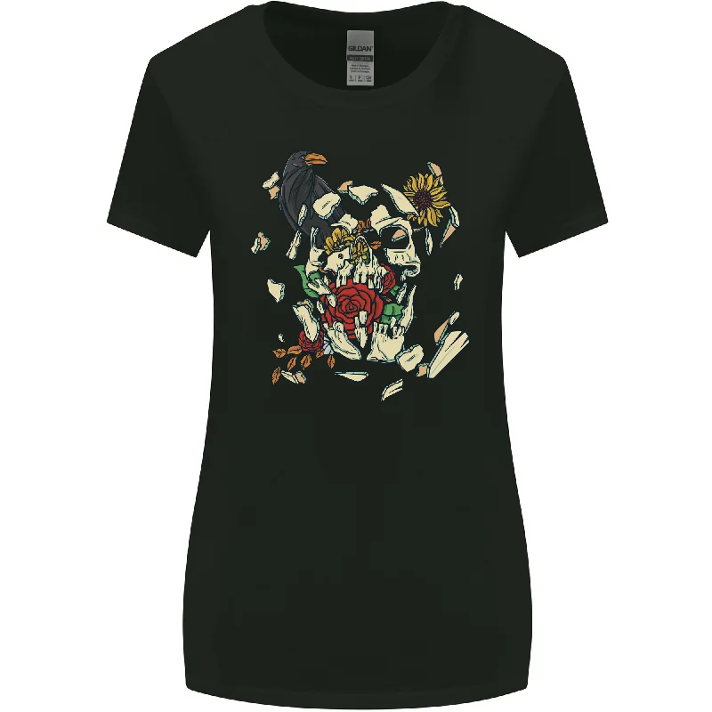 Broken Skull With Roses & Raven Womens Wider Cut T-Shirt Silk Blend Satin Velvet