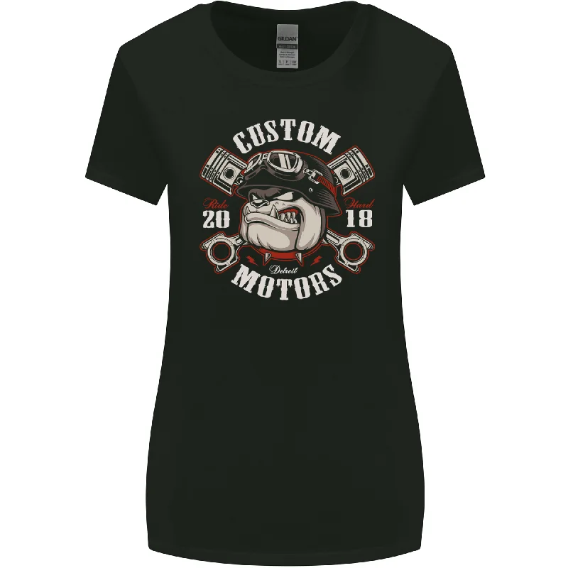 Bulldog Custom Motorcycle Motorbike Biker Womens Wider Cut T-Shirt Graphic Embroidered Appliqued