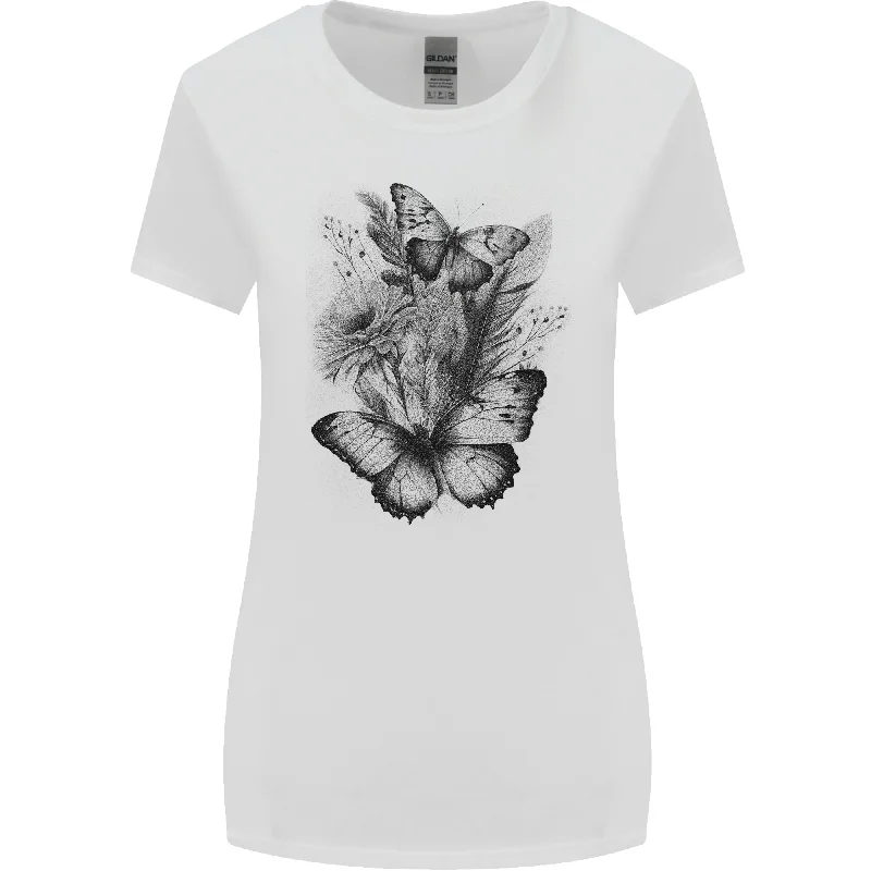 Butterflies & Flowers in the Wild Nature Womens Wider Cut T-Shirt Spandex Blend Rayon Blend Denim Blend