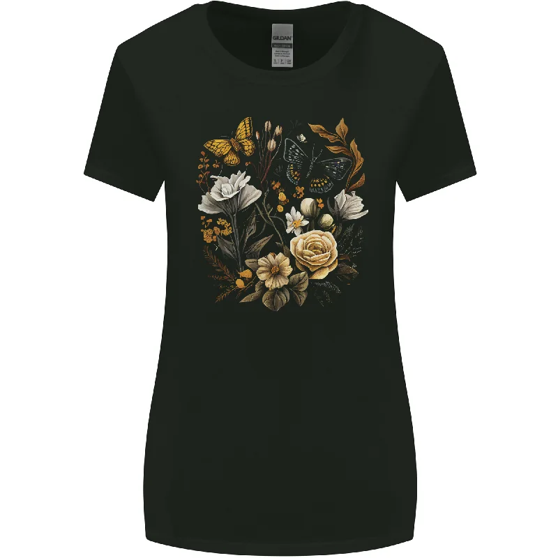 Butterfly and Flowers Nature Womens Wider Cut T-Shirt Graphic T-Shirt Round Neck Polyester