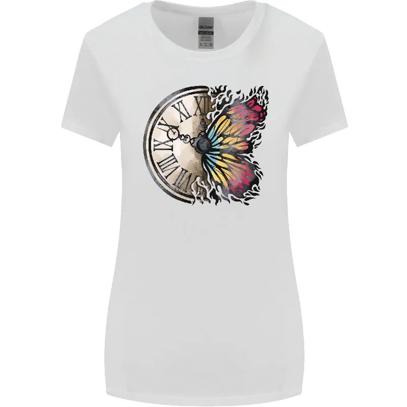 Butterfly Clock Womens Wider Cut T-Shirt Collared T-Shirt Boat Neck A-Line