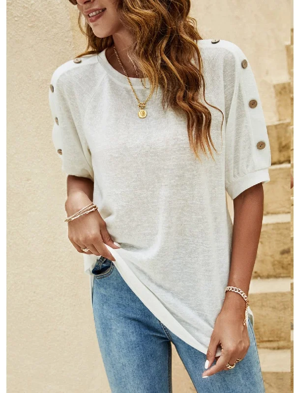 Button-Shoulder Relaxed T-Shirt Top Modern Contemporary Chic