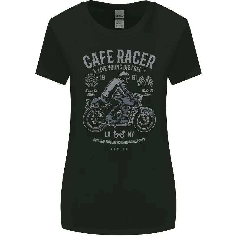 Cafe Racer Live Young Biker Motorcycle Womens Wider Cut T-Shirt Chenille Brocade Lace