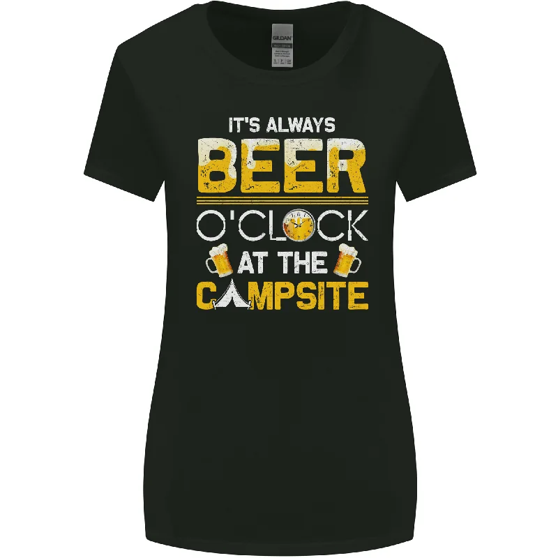 Camping Funny Alcohol Beer Campsite Womens Wider Cut T-Shirt Asymmetrical Pockets Print