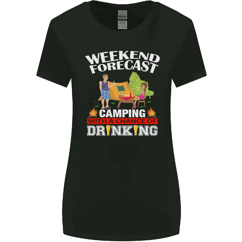 Camping Weekend Forecast Funny Alcohol Beer Womens Wider Cut T-Shirt Polka Dot Checkered Tartan