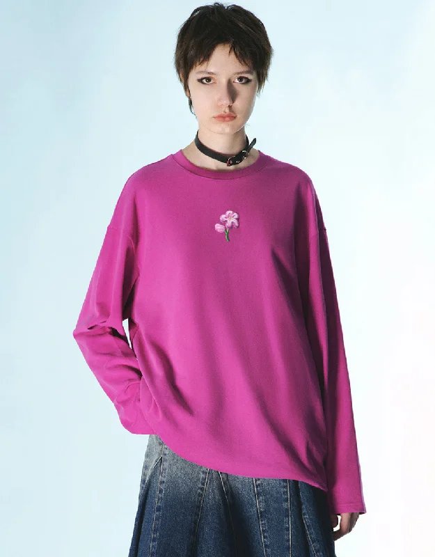 Flower Embossed Crew Neck Loose T-Shirt Elasticated Padded Insulated