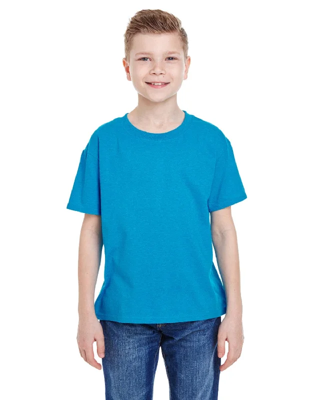 Fruit of the Loom Youth T-Shirt | Turquoise Hthr Collared Crew Neck Turtle Neck