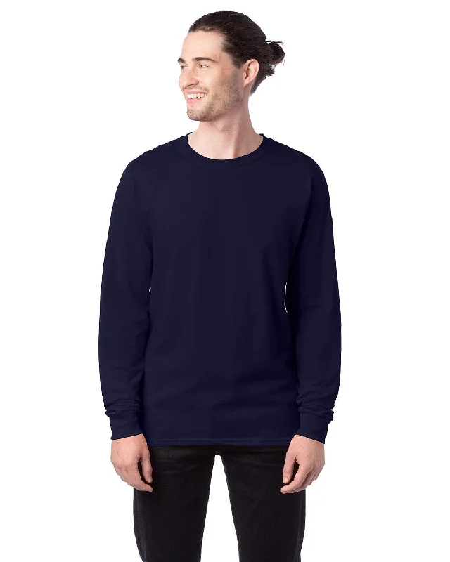 Hanes ComfortSoft Cotton Long Sleeve T-Shirt | Athletic Navy Asymmetrical Pockets Print