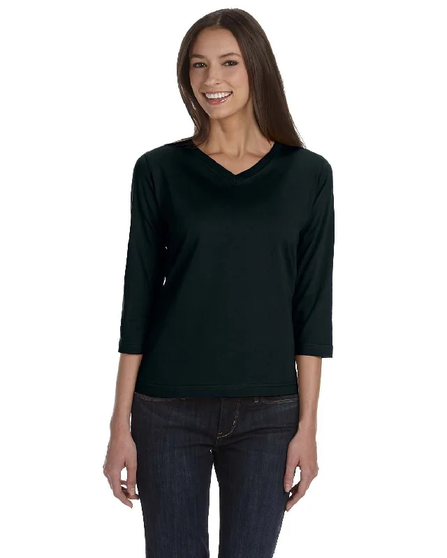 LAT Ladies 3/4 Sleeve V-Neck Tee | Black Basic T-Shirt Crew Neck Short Sleeve