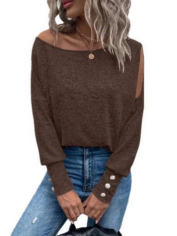 Long Sleeve T-Shirt with Buttoned Cuffs and Shoulder Cutout Lace Blend Ribbed Blend Corduroy Blend