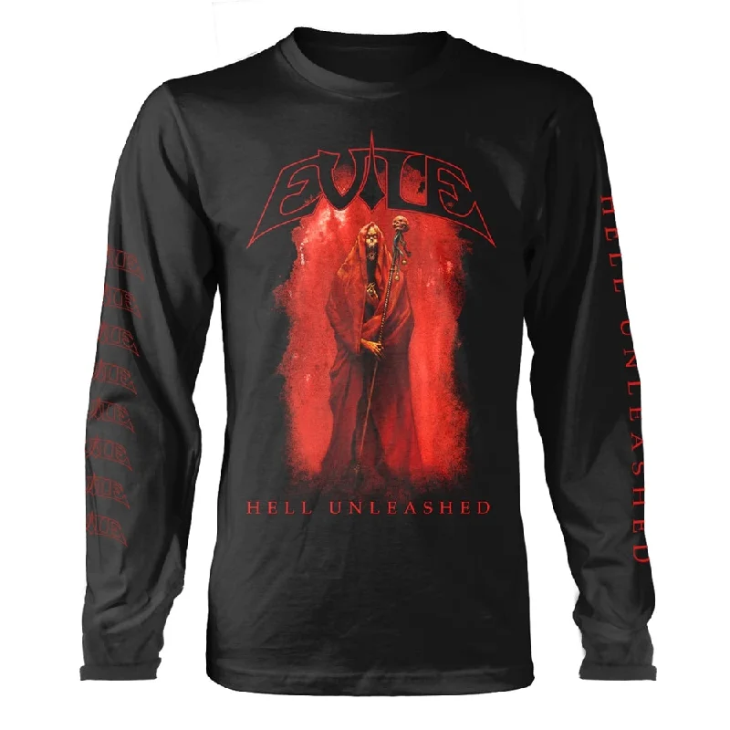 Evile Unisex Long Sleeved T-shirt: Hell Unleashed (Black) (back print) Hooded Caped Shawl Collar