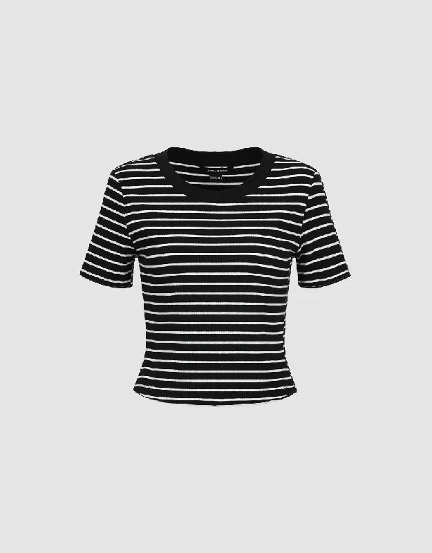 Striped Crew Neck Skinny T-Shirt Nylon Fabric Polyester Fabric Spandex Fabric