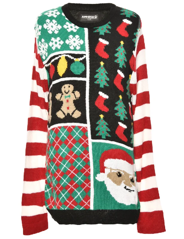 Festive Season Multi-Colour Patterned Christmas Jumper - L Satin Blend Silk Blend Wool Blend