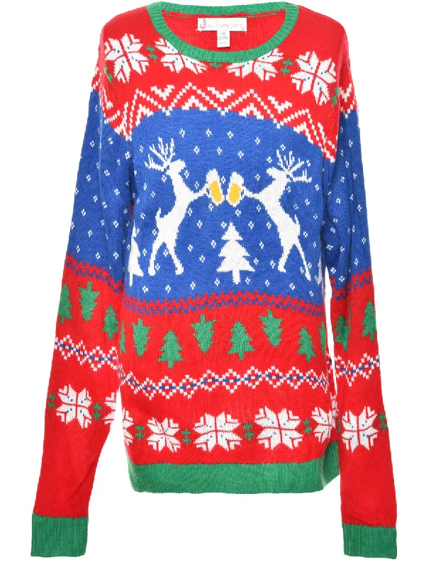 Festive Season Multi-Colour Patterned Christmas Jumper - L Solid Print Embellished