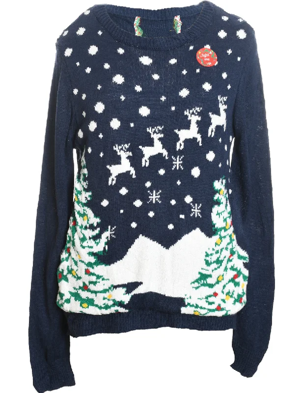 Festive Season Navy & White Knit Christmas Jumper - L Spandex Blend Rayon Blend Denim Blend