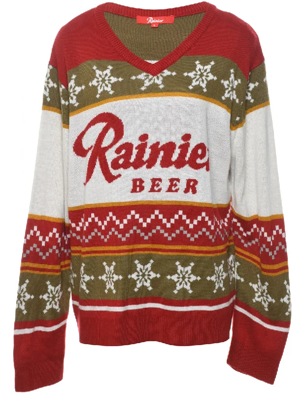 Festive Season Rainier Beer Christmas Jumper - L Notch Collar Peter Pan Collar Cowl Neck