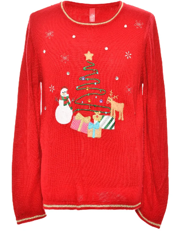 Festive Season Red Christmas Jumper - L Welt Pockets Slit Pockets Flap Pockets