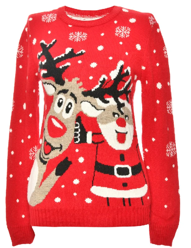 Festive Season Red Reindeer  Christmas Jumper - XL Fleece Fabric Down Fabric Feather Fabric