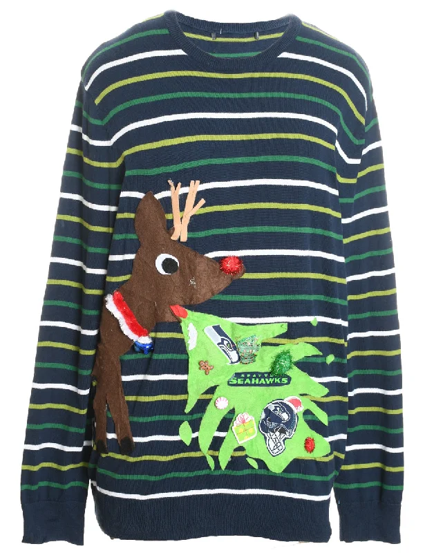 Festive Season Striped NFL Christmas Jumper - L Hooded Sweater Collared Sweater Shawl Collar