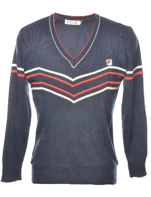 Fila Navy Jumper - M Beaded Sweater Sequined Faux Fur