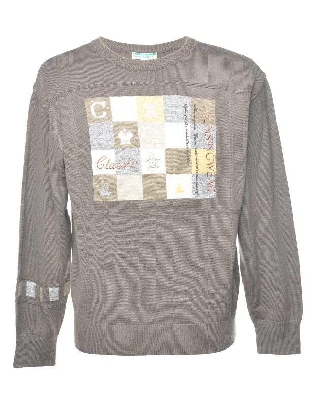 Fine Knit Grey Embroidered Jumper - L Chenille Brocade Lace