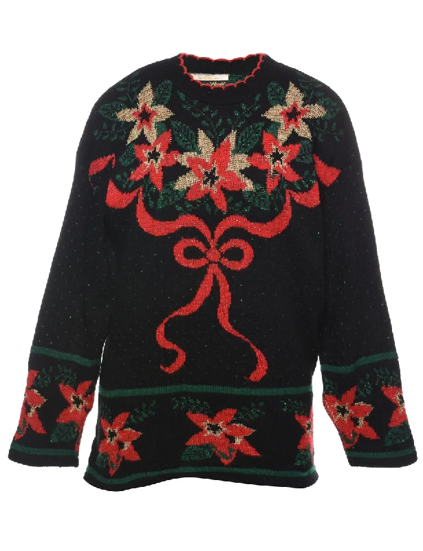 Floral Christmas Jumper - M Tailored Straight A-Line