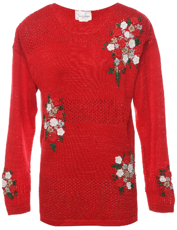 Floral Christmas Jumper - M Toggled Drawstring Belted