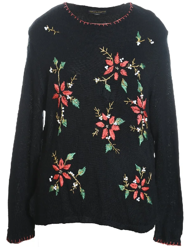 Floral Design Black & Red Embroidered Christmas Jumper - L Front Pockets Side Pockets Patch Pockets