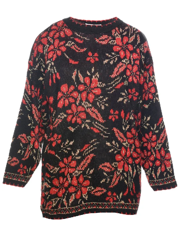 Floral Knit Jumper - L Turtle Neck Boat Neck Asymmetrical Neck