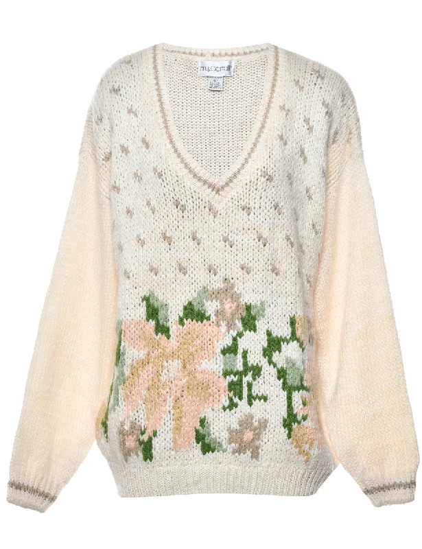 Floral Knit Jumper - L Beaded Sweater Sequined Faux Fur