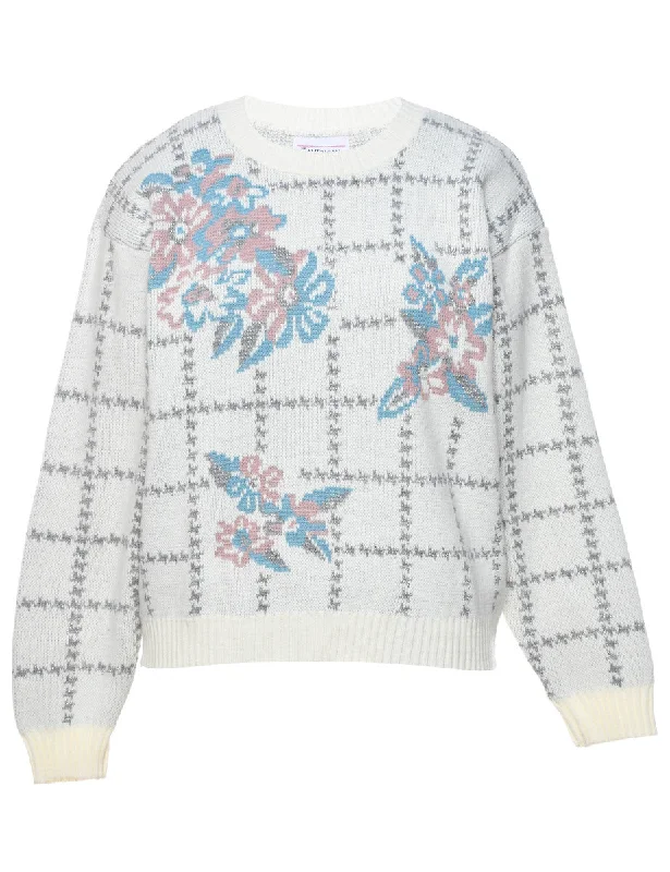 Floral Knit Off-White, Light Pink & Blue Jumper - M Glossy Satin Silk