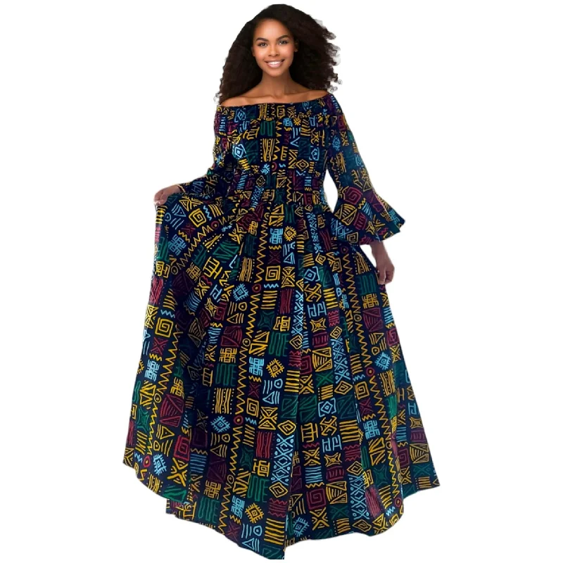 African Ankara Maxi Dress with pockets and headwrap Cozy Ruffle Sleeve Maxi Dress